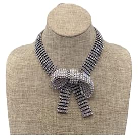 Autre Marque-Balenciaga Silver Crystal Embellished Bow Necklace-Silvery