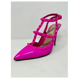 Valentino-ROCKSTUD PATENT LEATHER PUMPS WITH TONE-ON-TONE STRAPS AND STUDS 100MM-Fuschia