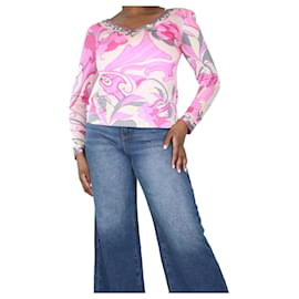 Emilio Pucci-Pink padded-shoulder silk patterned top - size UK 14-Pink