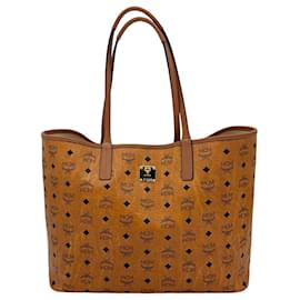 MCM-MCM Visetos Shopper Bag Tote Reversible Shopper Cognac Logo Print Handbag-Cognac