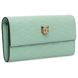 Gucci-Gucci Green Guccissima Signature Crystal Cat Continental Wallet-Green,Light green