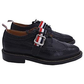 Thom Browne Grosgrain Strap Longwing Brogues in Black Leather Black