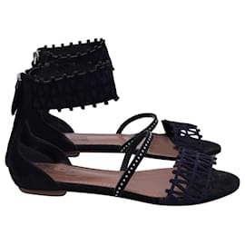 Alaïa-Alaïa Studded Laser-Cut Sandals in Black Suede-Black