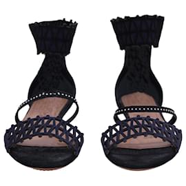 Alaïa-Alaïa Studded Laser-Cut Sandals in Black Suede-Black