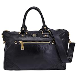 Prada-Prada Vitello Shine Handle Bag aus schwarzem Leder-Schwarz