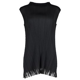 Pleats Please Issey Miyake ärmelloses Plissee-Top mit Fransensaum aus schwarzem Polyester Schwarz
