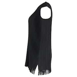 Issey Miyake-Pleats Please Issey Miyake Sleeveless Pleated Fringe-Hem Top in Black Polyester-Black