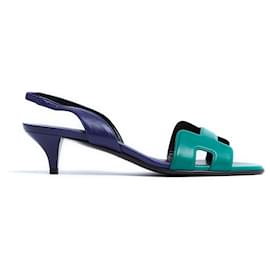 Hermès-Hermes Sandals EU39 Ottoman Blue Green Leather Sling Back Pumps US8.5-Blue,Green