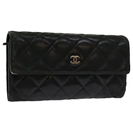 Chanel-CHANEL Matelasse Long Wallet Lamb Skin Black CC Auth fm3289-Black