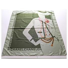Chanel-CHANEL SIlK VINTAGE SCARF-Olive green,Light green