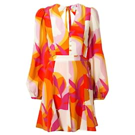 Autre Marque-Rebecca Vallance Rose / Mini-robe en crêpe de Chine de soie à manches longues et imprimé multi paradis orange-Multicolore