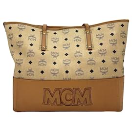 MCM-MCM Shopper Bag Tote Handbag Ivory Light Brown Logo Print-Other