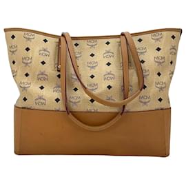 MCM-MCM Shopper Bag Tote Handbag Ivory Light Brown Logo Print-Other