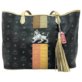 MCM-MCM Visetos Shopper Bag Black Lion Logo Print Handbag Medium-Black
