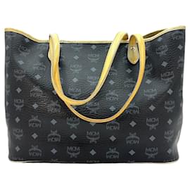 MCM-MCM Visetos Shopper Bag Black Lion Logo Print Handbag Medium-Black