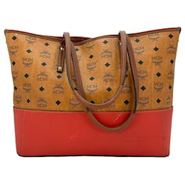 MCM-Bolsa Shopper MCM, bolsa de mão, bolsa de alça, cor conhaque vermelho, estampa de logotipo.-Conhaque