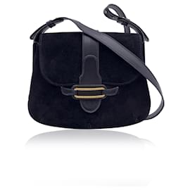 Gucci-Bolsa de ombro vintage preta em camurça e couro com aba-Preto