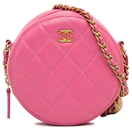 Chanel-Chanel Pele de cordeiro acolchoada rosa redonda como terra crossbody-Rosa