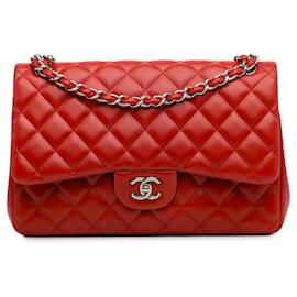 Chanel-Chanel Red Jumbo Classic Aba forrada de pele de cordeiro-Vermelho