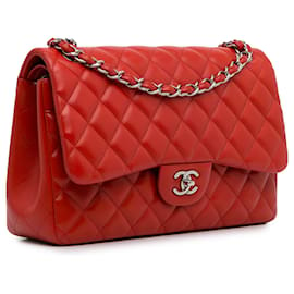Chanel-Chanel Red Jumbo Classic Lambskin lined Flap-Red