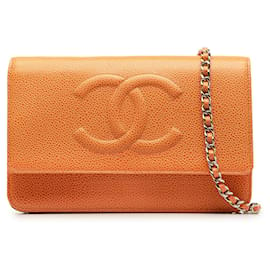 Chanel-Chanel Orange CC Kaviar Brieftasche an der Kette-Orange