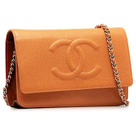 Chanel-Portefeuille Chanel Orange Caviar CC sur chaîne-Orange