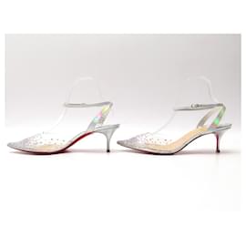 Christian Louboutin-NEW CHRISTIAN LOUBOUTIN SPIKAQUEEN SHOES 55 40 SILVER LEATHER PUMPS-Silvery