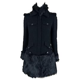Chanel-Jewel Embellishment Black Tweed Coat with Faux Fur Details-Black