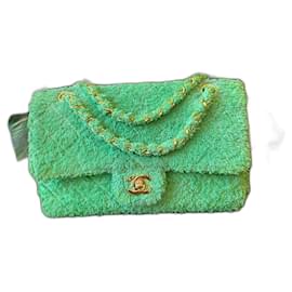 Chanel-Extremely Rare Chanel 1994 Medium Kelly Green Terry Cloth Classic Flab Bag!-Green,Gold hardware