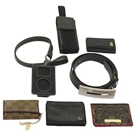 Gucci-GUCCI GG Canvas Card Case Belt Key Case Leather 7Set Black Beige Auth ar11560-Black,Beige