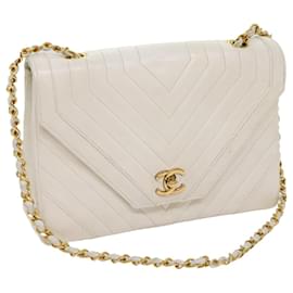 Chanel-CHANEL Bolso de hombro con puntada en V y cadena con cierre giratorio Cuero Blanco CC Auth bs13035-Blanco