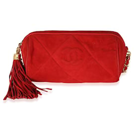 Chanel-Pochette baril à pompons en daim rouge vintage Chanel-Rouge