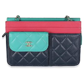 Chanel-Chanel Tricolor Goatskin Multi Pocket Wallet On Chain-Pink,Blue,Green