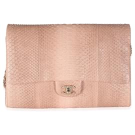 Chanel-Chanel Bolsa de aba clássica Python rosa com corrente-Rosa
