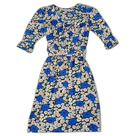 Robe en soie vintage Yves Saint Laurent à motif de marguerites Bleu Multicolore