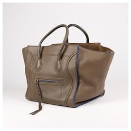 Céline-CELINE Mittleres Phantom-Gepäckstück aus glattem Kalbsleder in Khaki und Kobaltbesatz-Braun