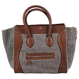 Céline-CELINE Mini bolso tote de equipaje de piel de oveja gris y cuero marrón-Castaño