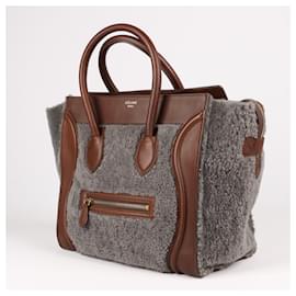 Céline-CELINE Grey Shearling And Brown Leather Mini Luggage Tote Bag-Brown