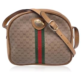 Gucci-Vintage Beige Monogram Canvas Shoulder Bag with Stripes-Beige