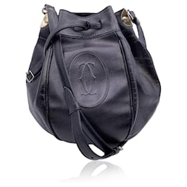 Cartier-Vintage Black Leather Drawstring Bucket Shoulder Bag-Black