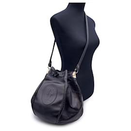 Cartier-Vintage Black Leather Drawstring Bucket Shoulder Bag-Black