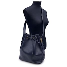 Fendi-Vintage Blue Textured Leather Shoulder Drawstring Bucket Bag-Blue