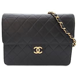Chanel-Solapa única de piel de cordero acolchada CC negra Chanel-Negro