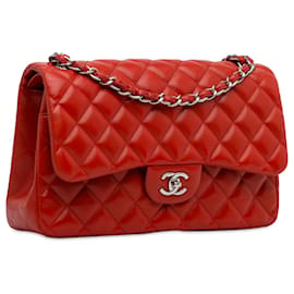 Chanel-Chanel Red Jumbo Classic Aba forrada de pele de cordeiro-Vermelho
