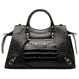 Balenciaga-Balenciaga Black Medium Crocodile Embossed Leather Neo Classic Bag-Black
