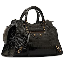 Balenciaga-Balenciaga Black Medium Crocodile Embossed Leather Neo Classic Bag-Black