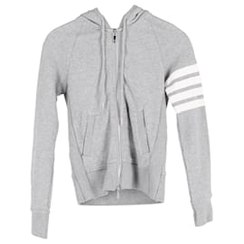 Thom Browne-Thom Browne Striped Sleeve Zip Hoodie in Grey Cotton-Grey
