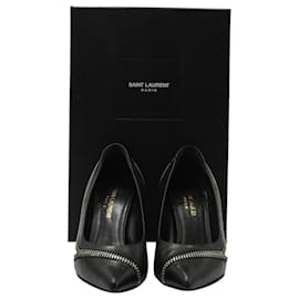 Saint Laurent-Zapatos de tacón con detalle de cremallera de dos tonos Saint Laurent en cuero rojo-Negro