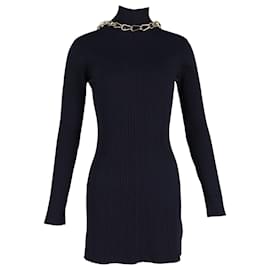 Autre Marque-Dion Lee Chain-Embellished Open-Back Ribbed-Knit Mini Dress in Navy Blue Viscose-Navy blue