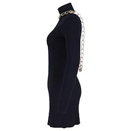 Autre Marque-Dion Lee Chain-Embellished Open-Back Ribbed-Knit Mini Dress in Navy Blue Viscose-Navy blue